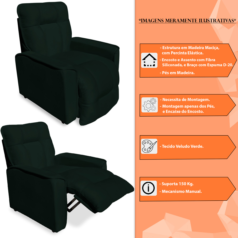 Poltrona do Papai Reclinável Manual Comfort Veludo Verde - Montanaris Decor