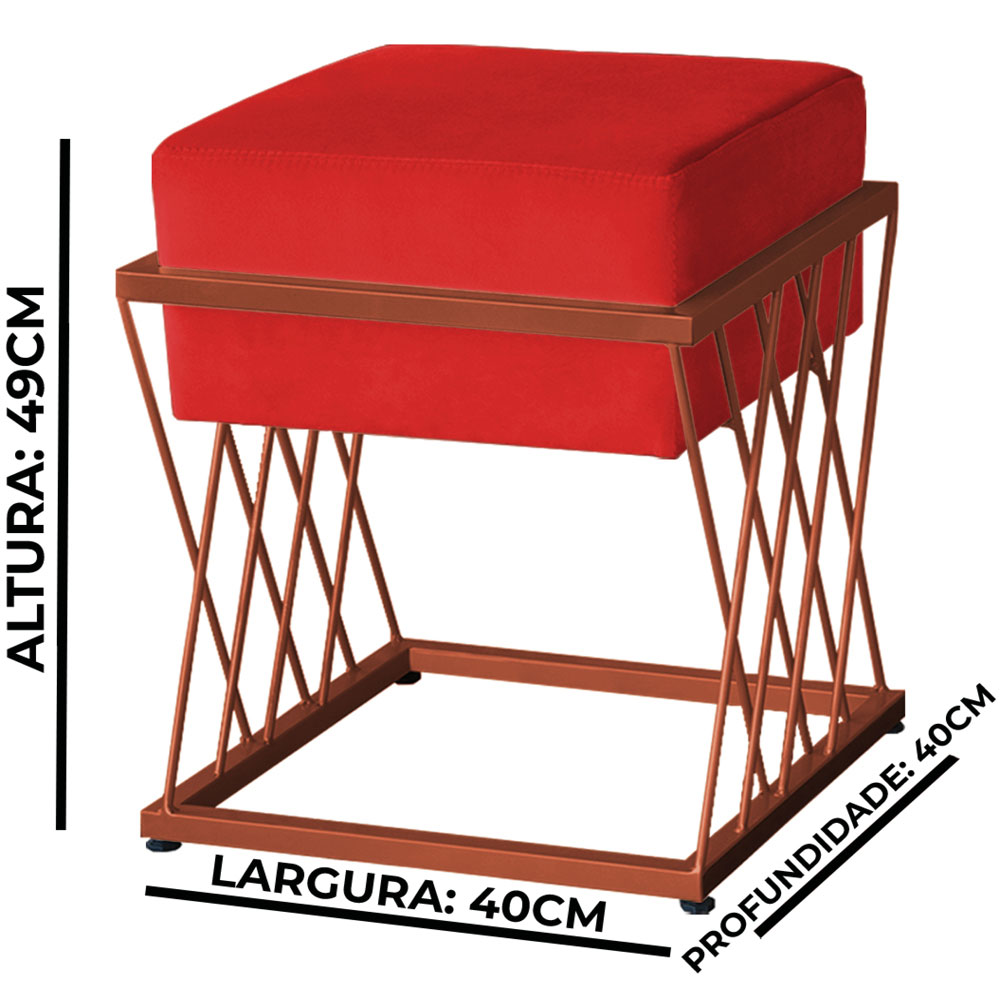 Puff Decorativo Tróia Base Bronze Veludo Vermelho- Montanaris Decor