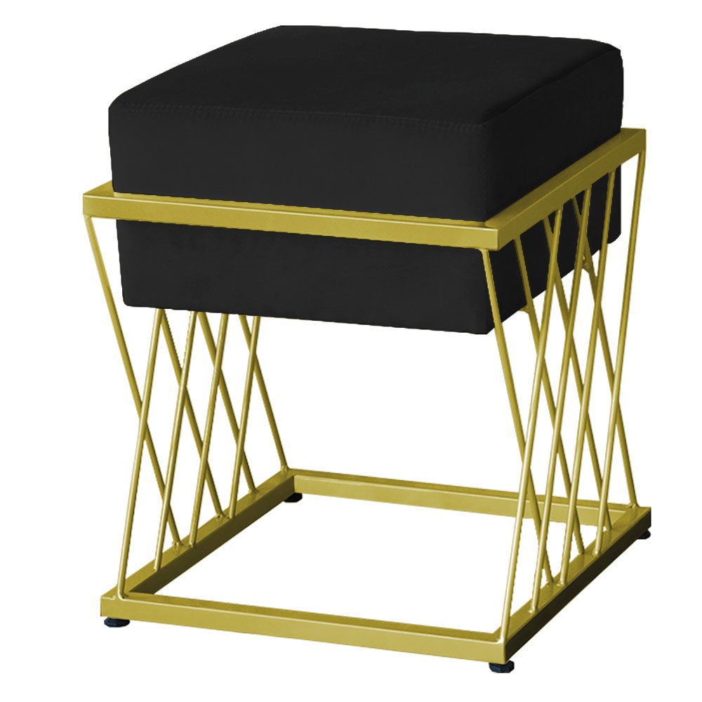 Puff Decorativo Tróia Base Gold Veludo Preto - Montanaris Decor
