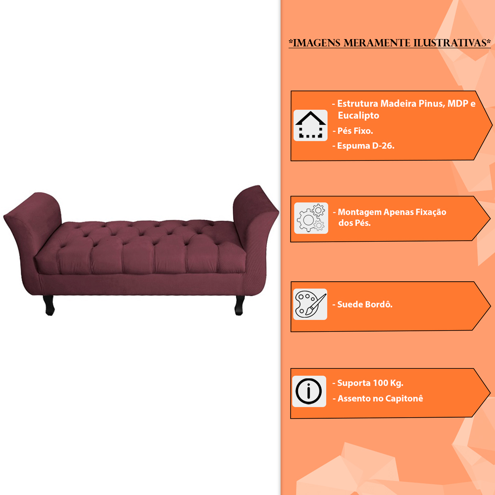 Recamier Grecia Decorativa 100cm Suede Bordô - Montanaris Decor