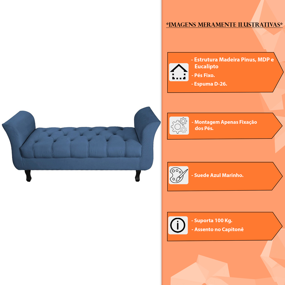 Recamier Grecia Decorativa 140cm Suede Azul Marinho - Montanaris Decor