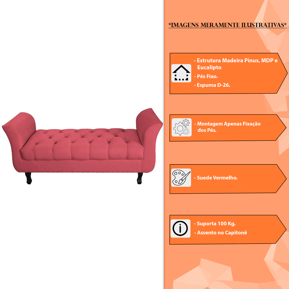 Recamier Grecia Decorativa 140cm Suede Vermelho - Montanaris Decor