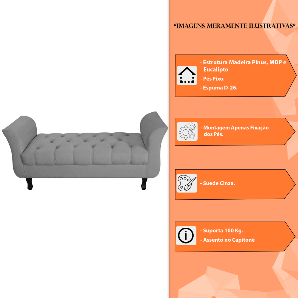 Recamier Grecia Decorativa 90cm Suede Cinza - Montanaris Decor