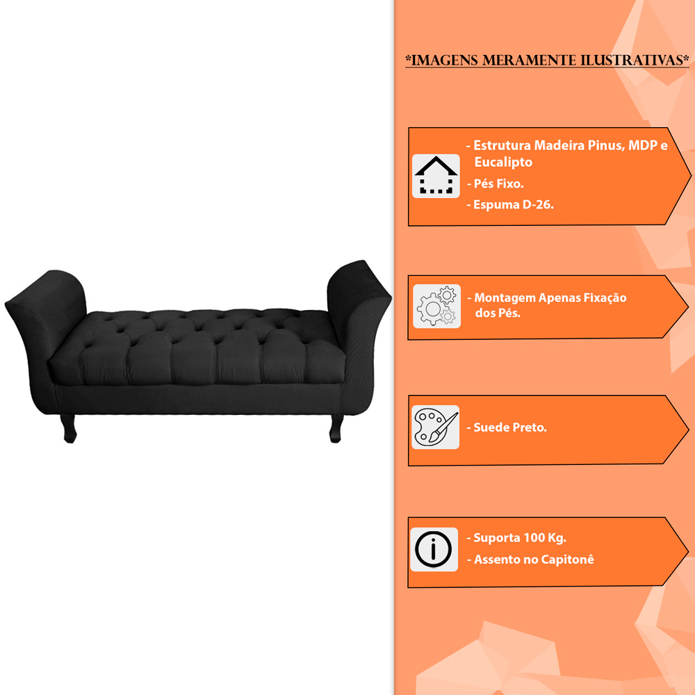 Recamier Grecia Decorativa 90cm Suede Preto - Montanaris Decor
