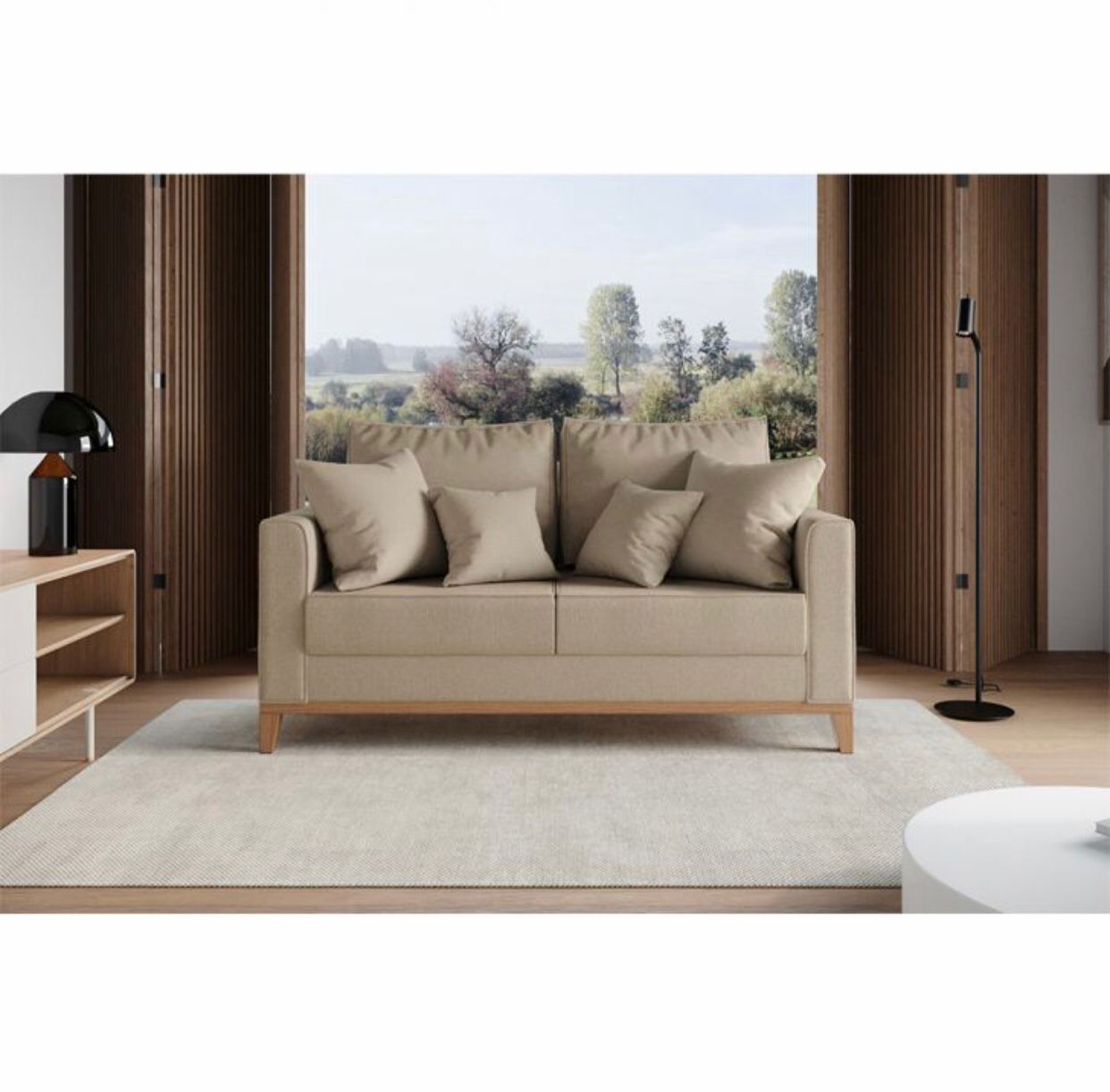 Sofá 2 Lugares Decorativo Beni 1,40cm Base Madeira Linho Bege - Montanaris Decor