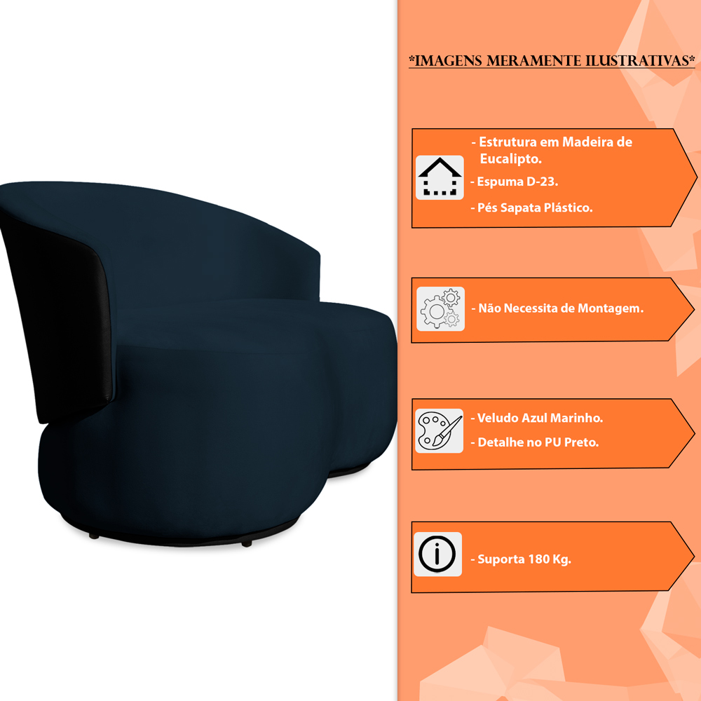 Sofá Namoradeira 2 Lugares Decorativa Lara Veludo Azul Marinho/PU Preto - Montanaris Decor