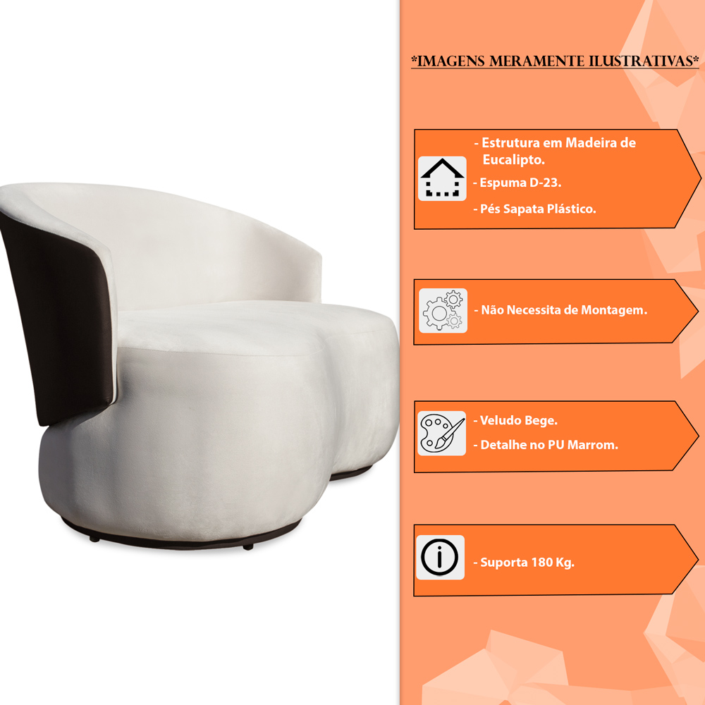 Sofá Namoradeira 2 Lugares Decorativa Lara Veludo Bege/PU Marrom - Montanaris Decor