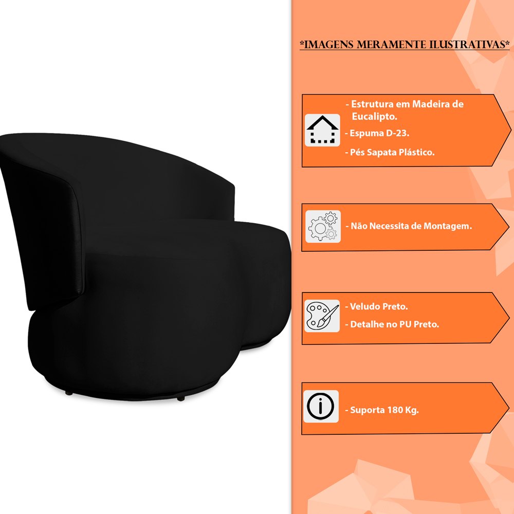 Sofá Namoradeira 2 Lugares Decorativa Lara Veludo Preto/PU Preto - Montanaris Decor