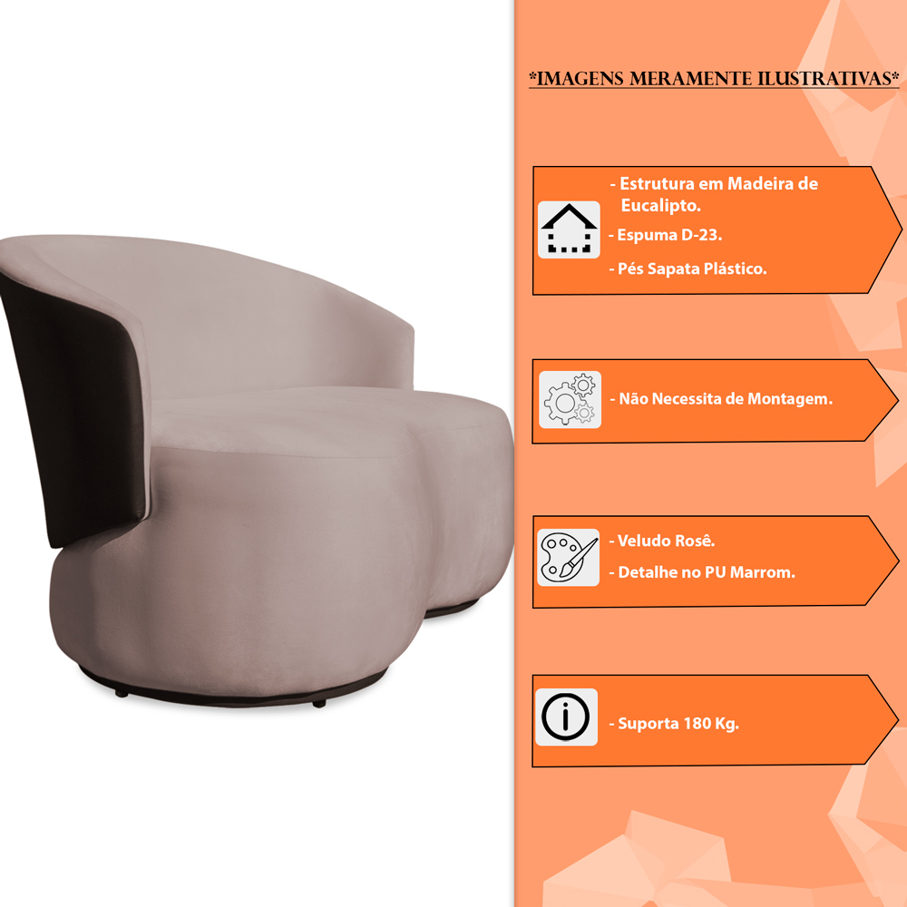 Sofá Namoradeira 2 Lugares Decorativa Lara Veludo Rosê/PU Marrom - Montanaris Decor