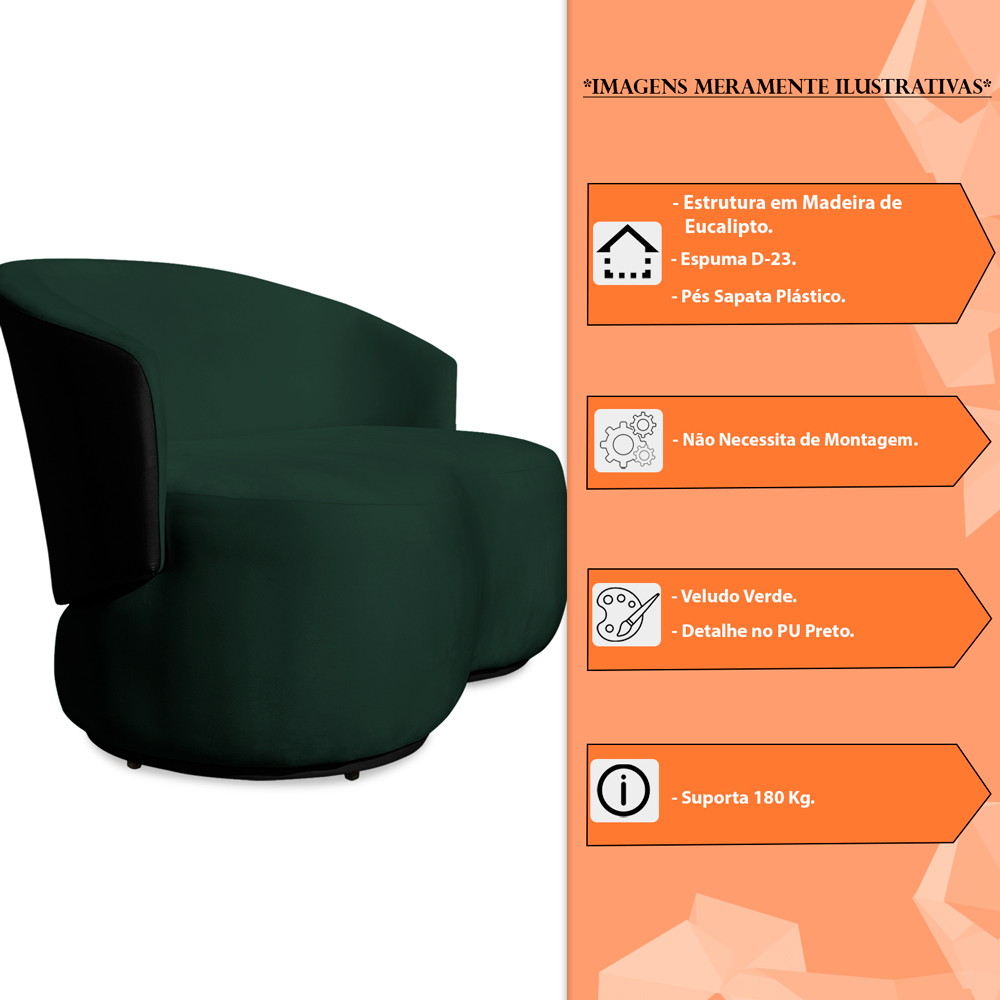 Sofá Namoradeira 2 Lugares Decorativa Lara Veludo Verde/PU Preto - Montanaris Decor