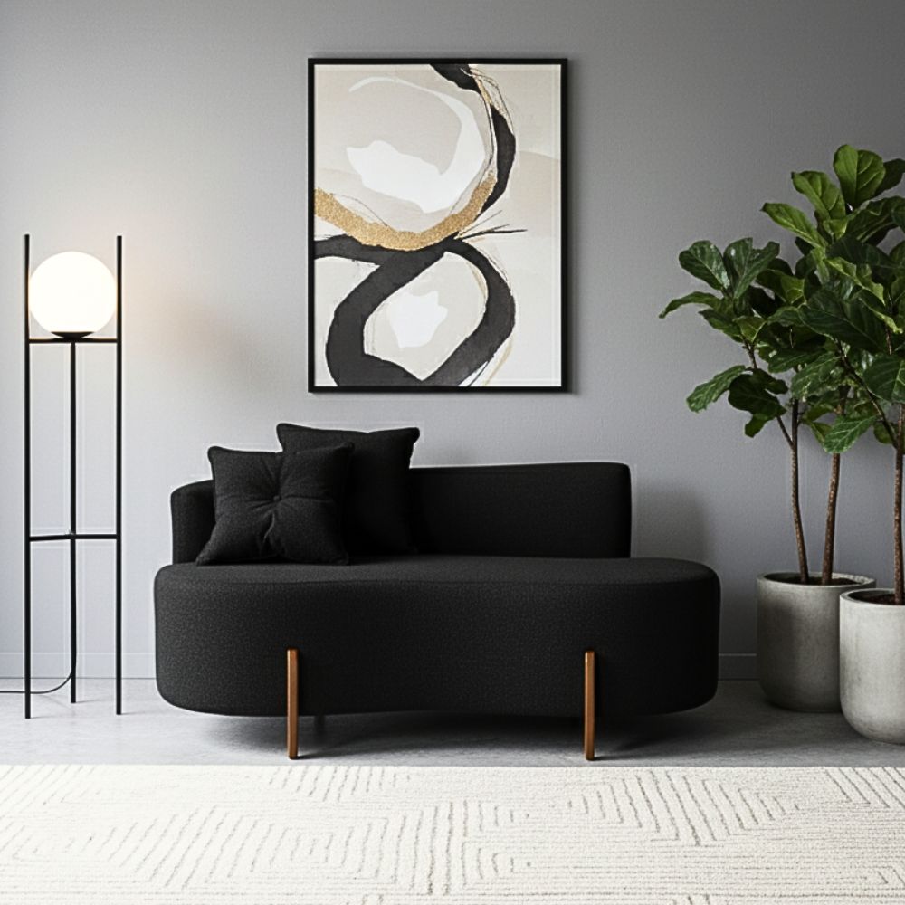 Sofá Orgânico 2 Lugares C/2 Almofadas Curvo Sala Recepção Luna Boucle Preto - Montanaris Decor