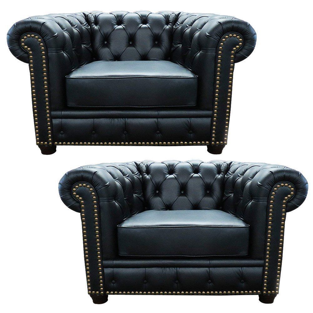 Kit 2 Poltronas Chesterfield com Pés Madeira Couro Preto - Mempra