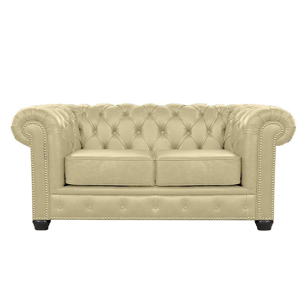 Sofá Chesterfield 2 Lugares com Pés Madeira Couro Bege - Mempra