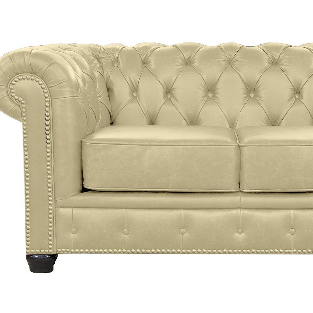 Sofá Chesterfield 2 Lugares com Pés Madeira Couro Bege - Mempra