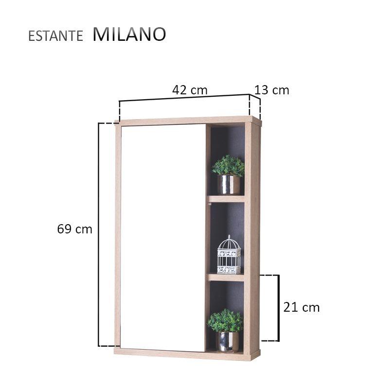 Espelho Milano para Banheiro com Armário Carvalho e Grafite - 69 x 42cm