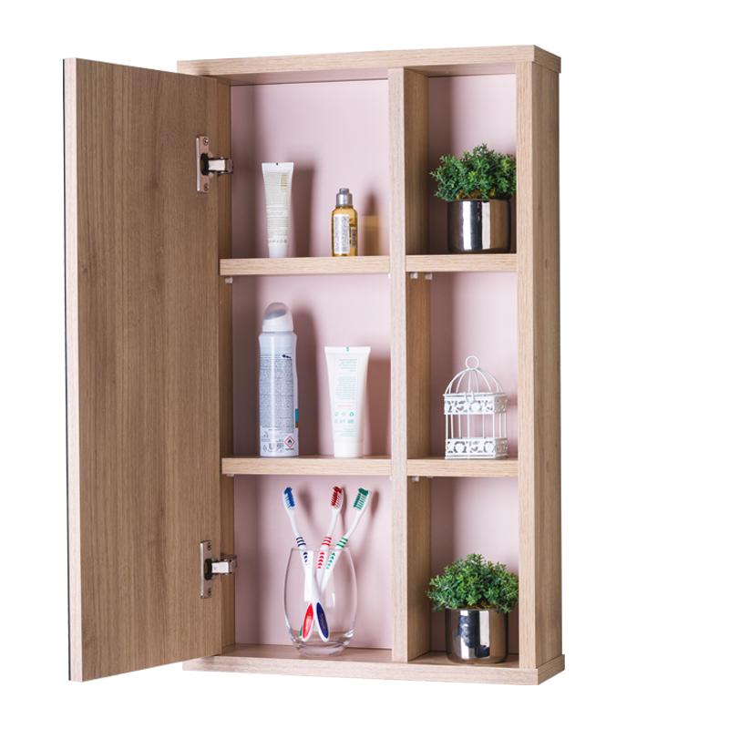 Espelho Milano para Banheiro com Armário Carvalho e Rosa Claro - 69 x 42cm