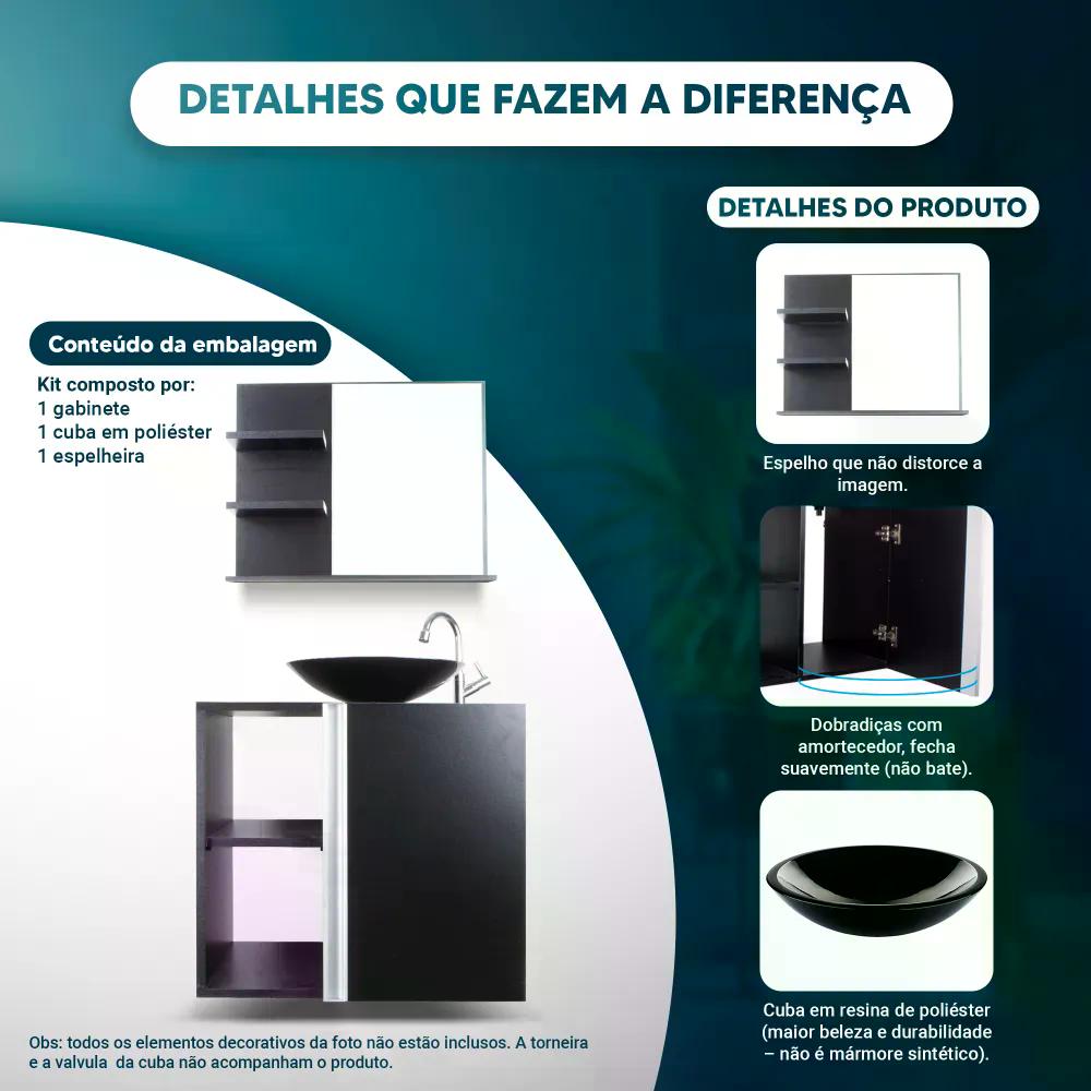 Gabinete Armário para banheiro Preto e Cuba + Espelho Harpia