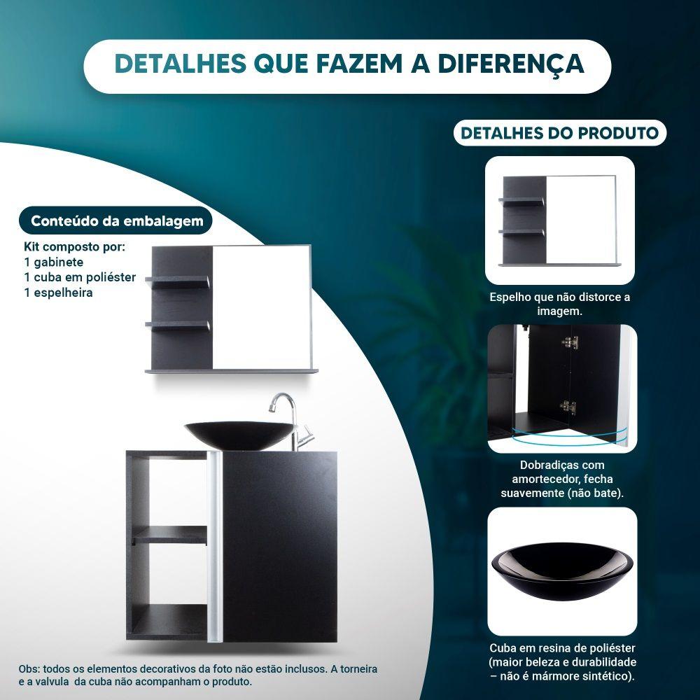 Gabinete Banheiro– Armário+Cuba+Espelheira Harpia Preto 55cm