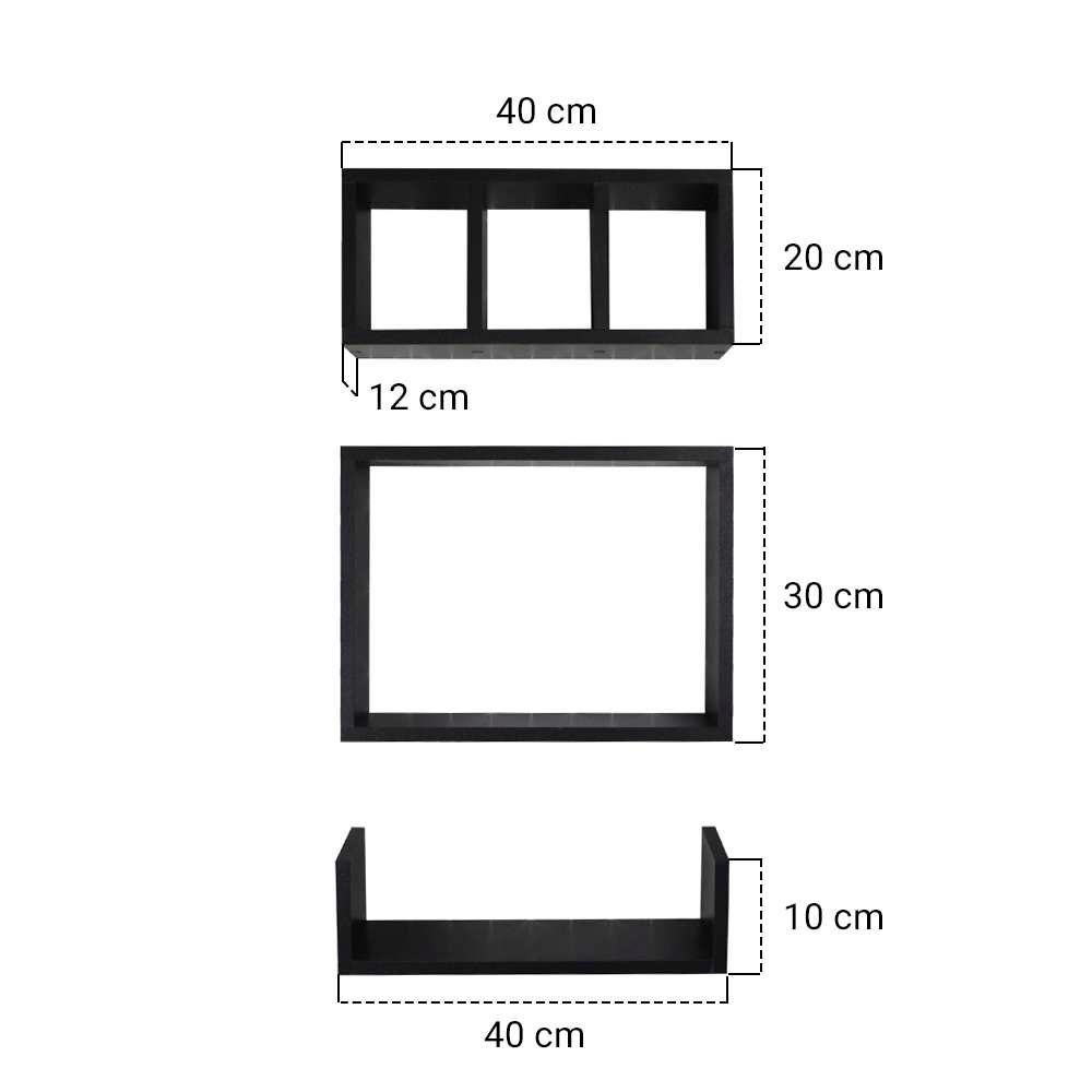 Kit 3 Peças Nicho Prateleira para Banheiro 40 x 12cm Preto
