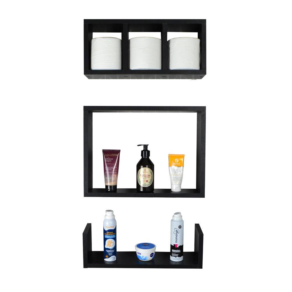 Kit 3 Peças Nicho Prateleira para Banheiro Preto 40 x 12cm