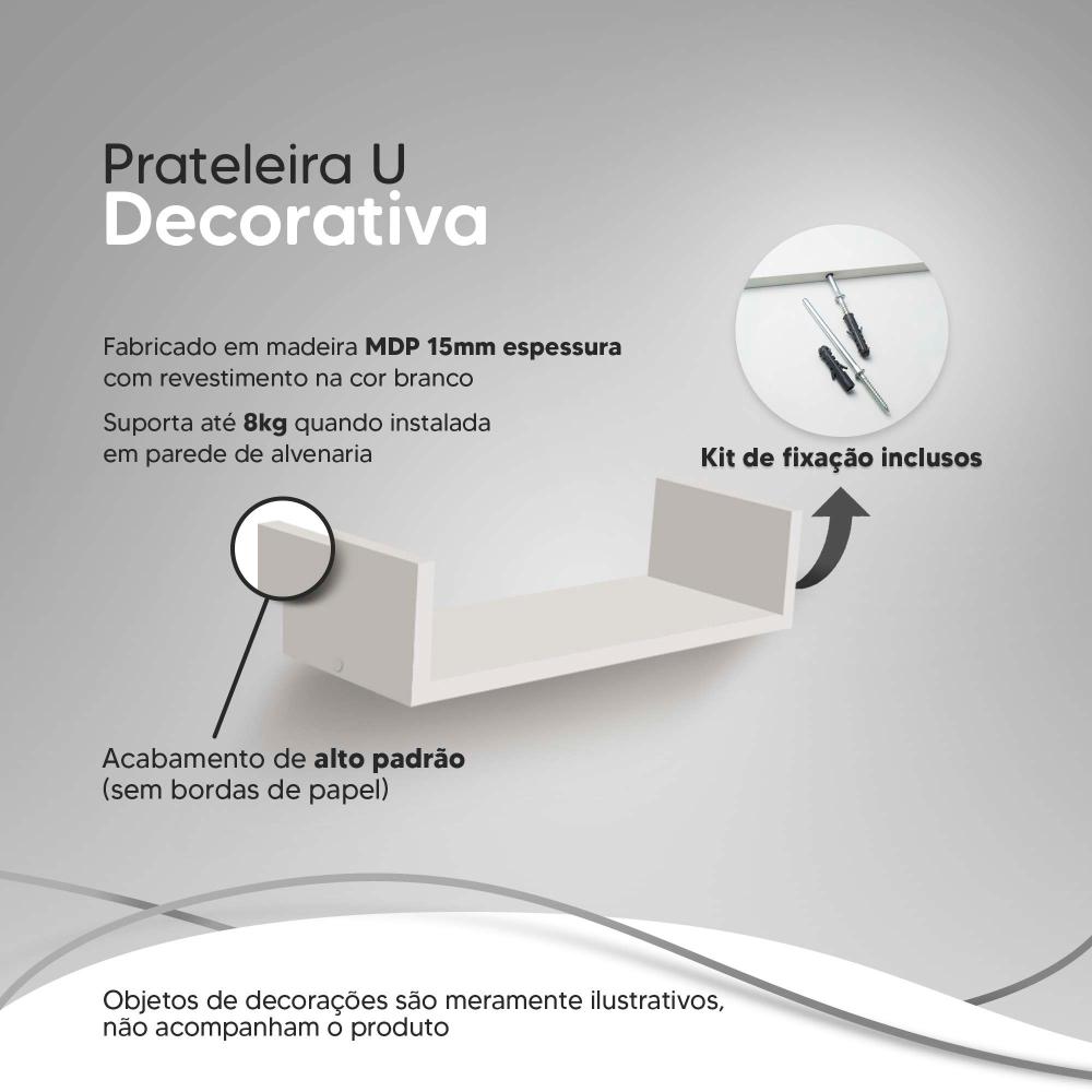 Kit 3 Prateleiras Nichos em U 60x15cm MDF Branco com Suporte Flutuante Invisível