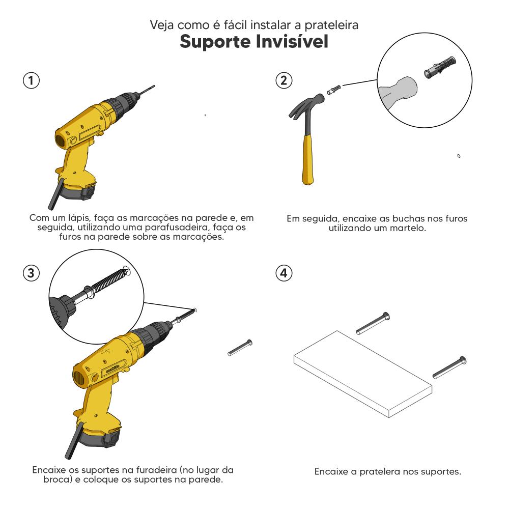 Kit 3 Prateleiras Nichos em U 60x15cm MDF Branco com Suporte Flutuante Invisível