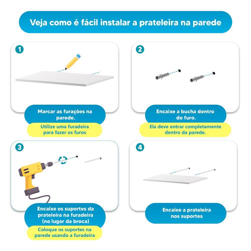 Kit 6 Prateleiras U 60 x 15cm Branca Suporte Invisível