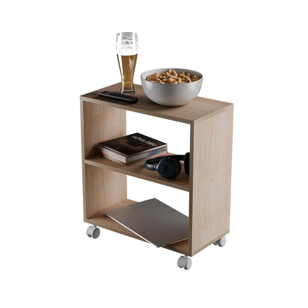 Mesinha Lateral de Apoio Carvalho Sala Quarto 50 x 47 x 25cm com rodinhas