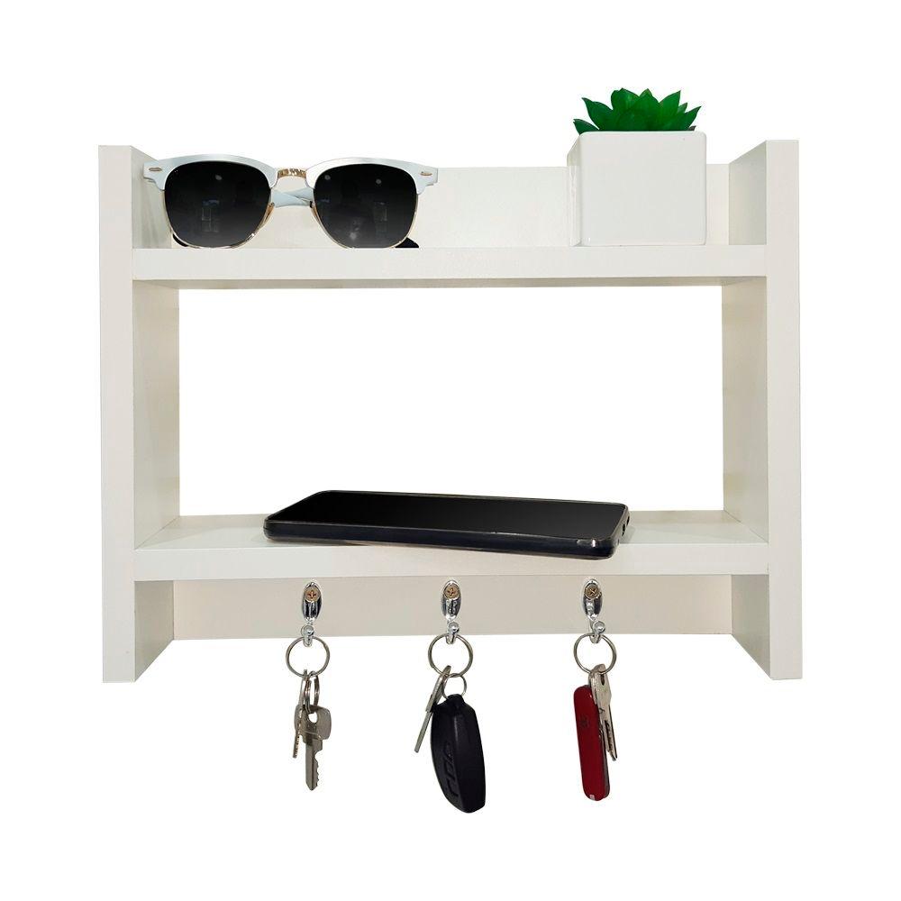 Porta Chaves de Parede com Suporte Carteira Celular Madeira Branco