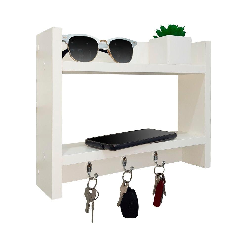 Porta Chaves de Parede com Suporte Carteira Celular Madeira Branco