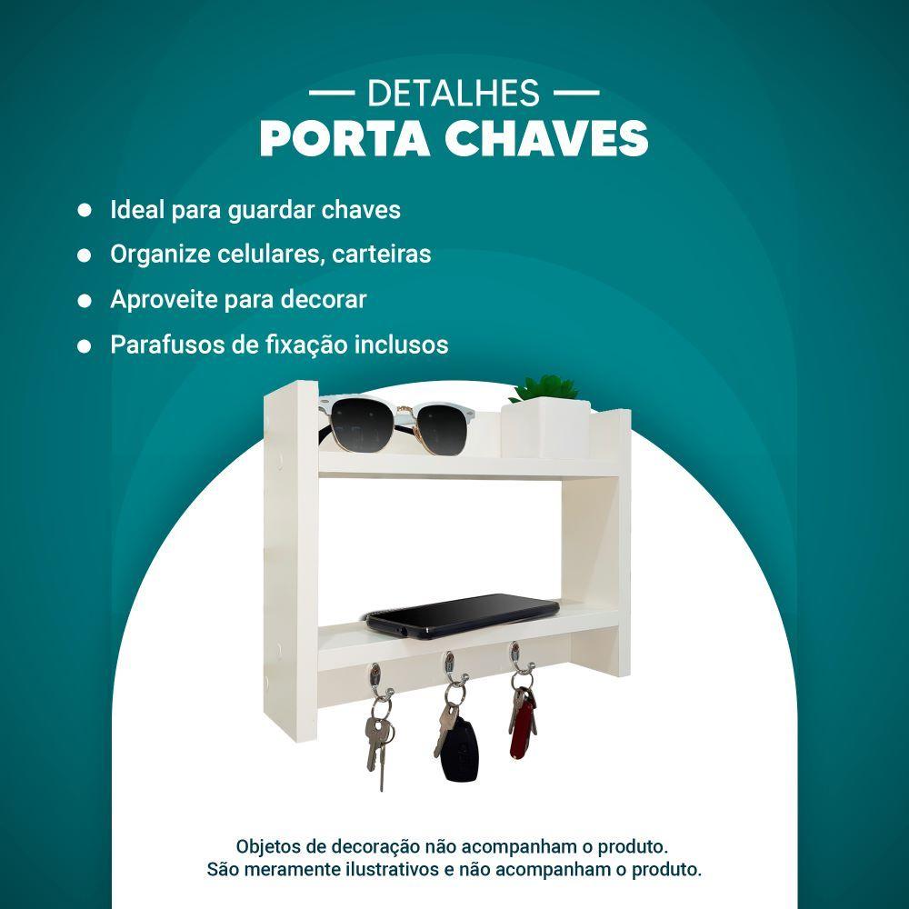 Porta Chaves de Parede com Suporte Carteira Celular Madeira Branco