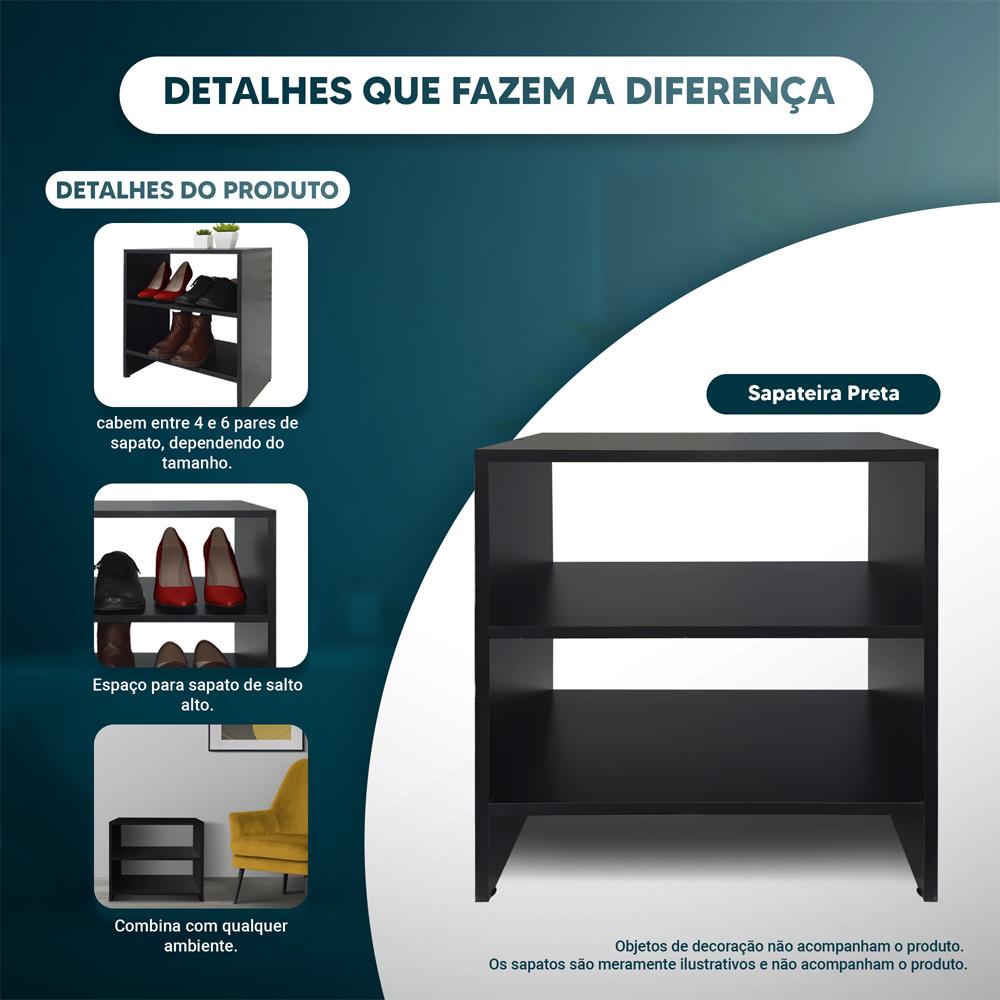 Sapateira Pequena para Quarto Sala 50 x 40 x 25cm - Preto
