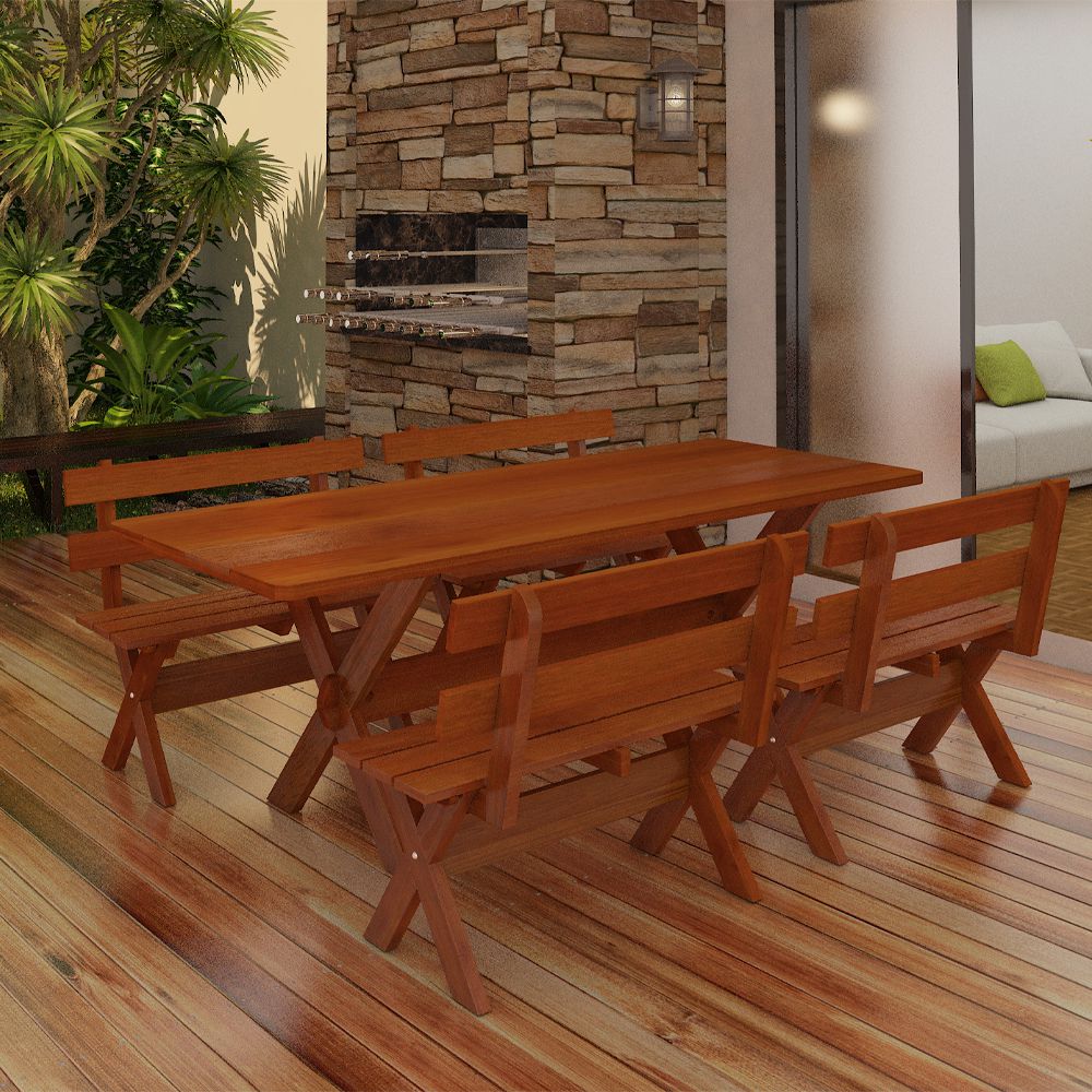 Conjunto Mesa 2,5m 4 Bancos e 2 Cadeiras Madeira Maciça Eucalipto