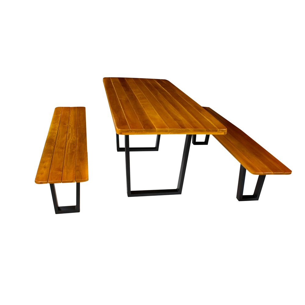 Conjunto Mesa Rústica 2m e 2 Bancos Design Pé De Ferro Madeira Maciça Angelim