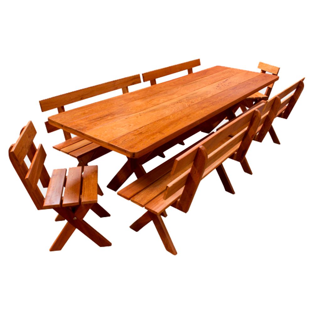Conjunto Mesa Rústica 3m 4 Bancos e 2 Cadeiras Madeira Maciça Angelim