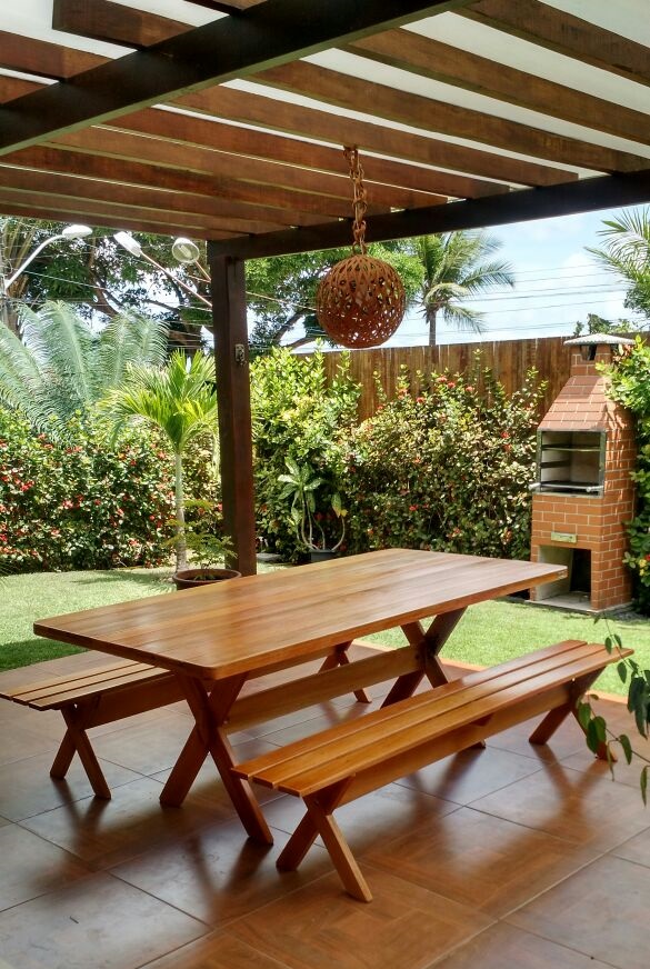 Conjunto Mesa Rústica Com Bancos Madeira Churrasco 2,00m