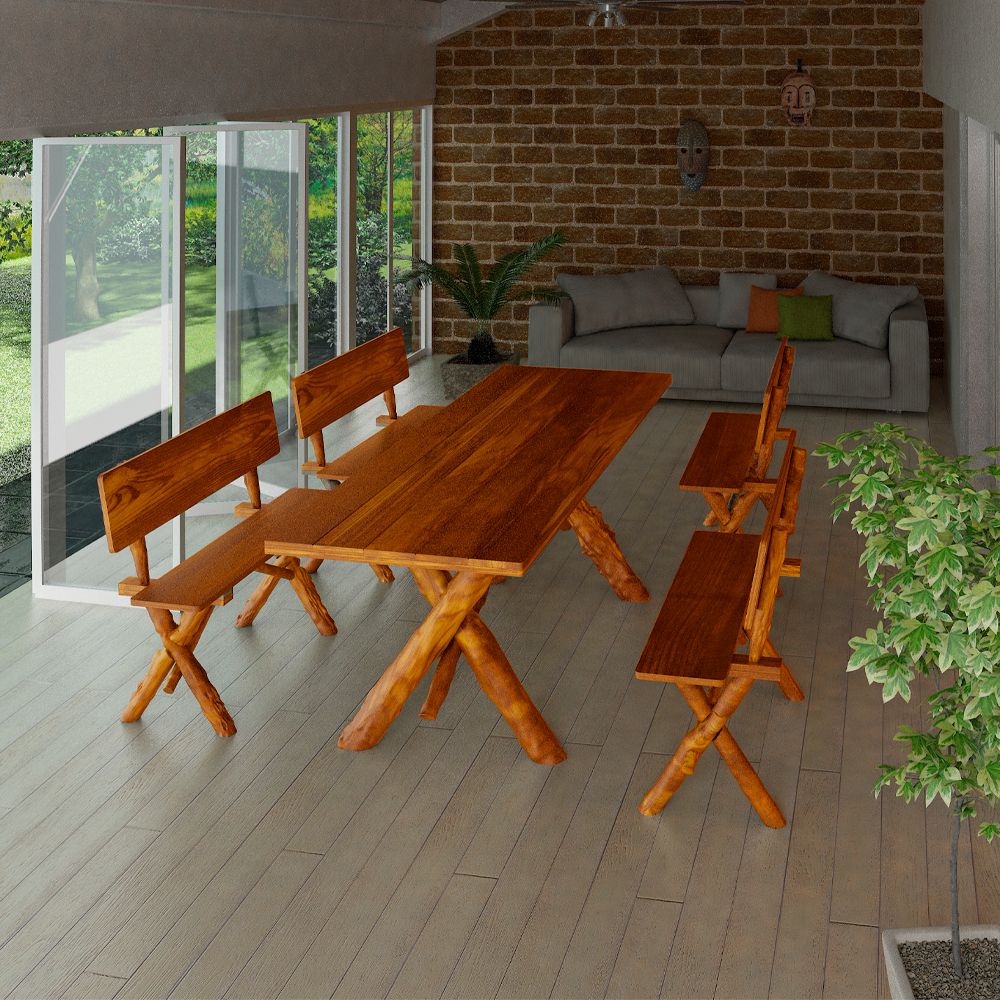 Conjunto Rústico de Mesa 2,2m e 4 Bancos Madeira Maciça Pinus