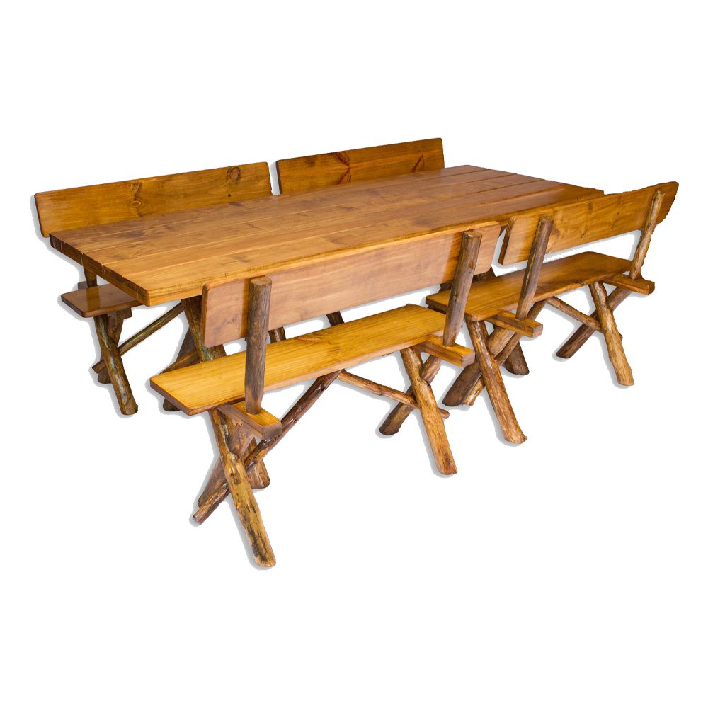Conjunto Rústico de Mesa 2,2m e 4 Bancos e 2 Cadeiras Madeira Maciça Pinus