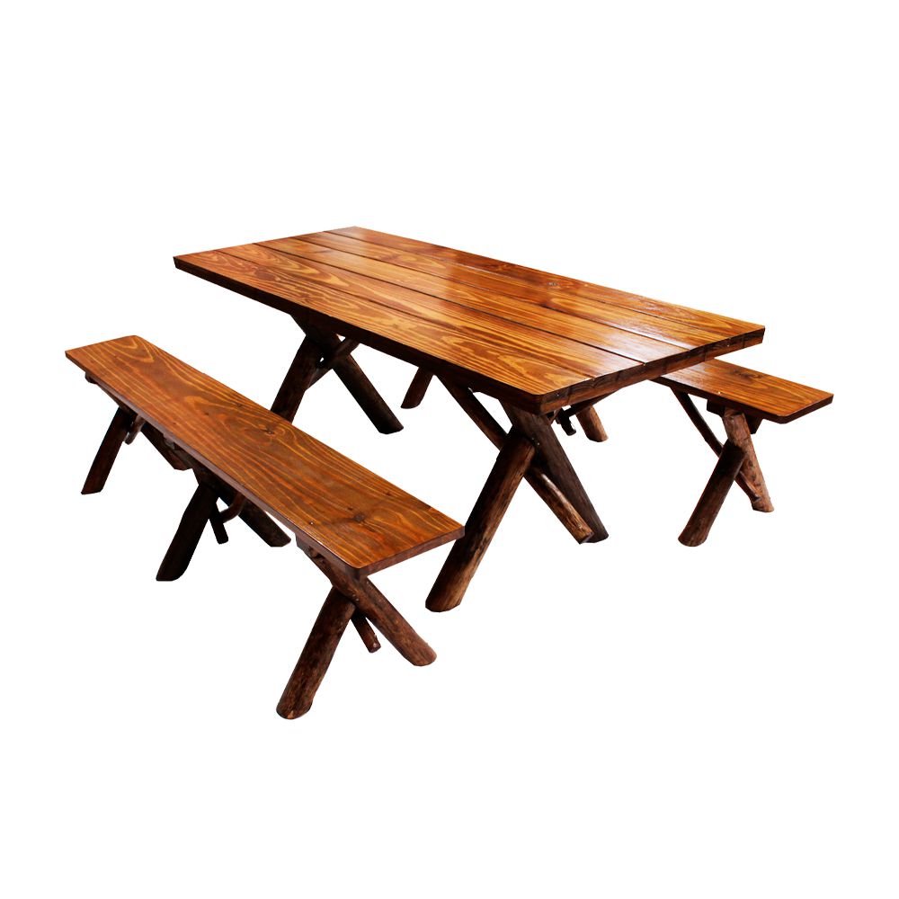 Conjunto Rústico de Mesa 2m e 2 Bancos Sem Encosto Madeira Maciça Pinus