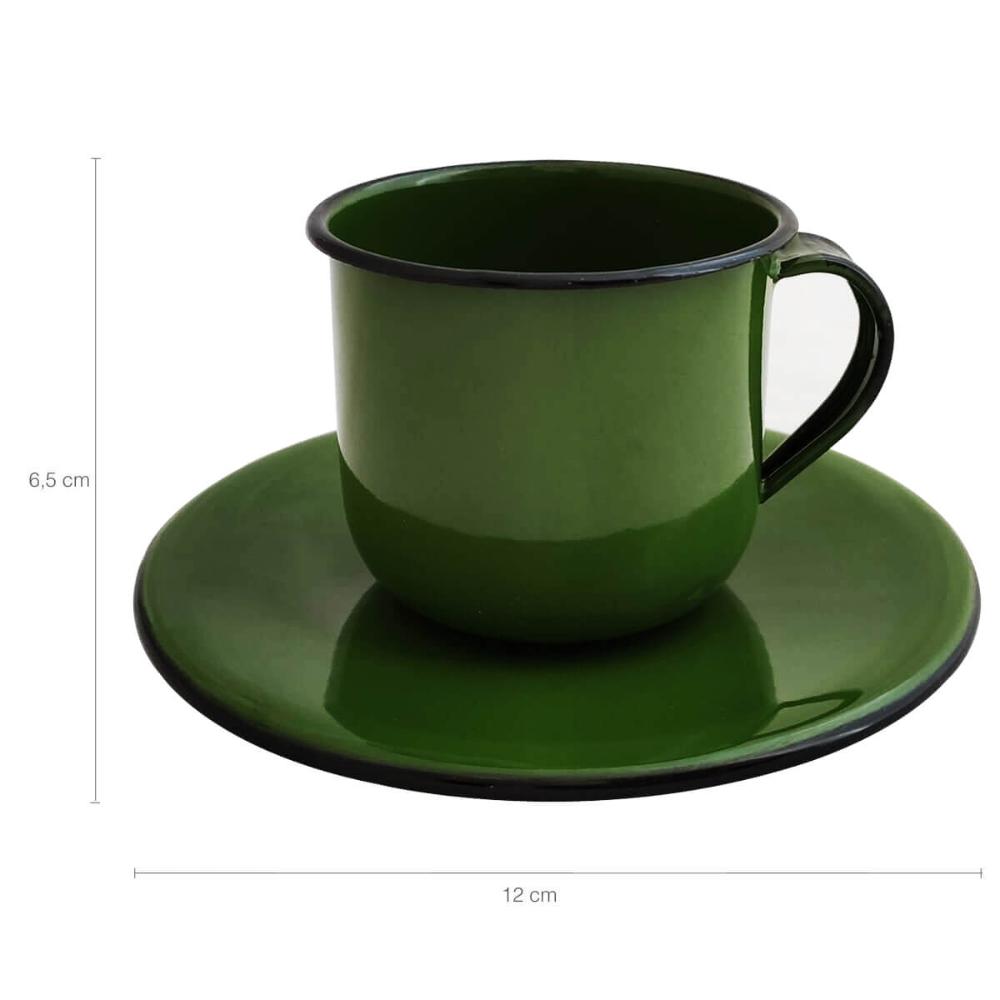 Kit Bule De Café E Chá Com 6 Xícaras e Pires Aço Esmaltado Verde Botânico
