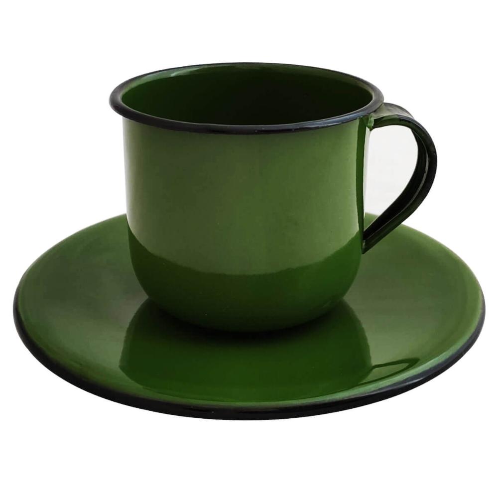 Kit Bule De Café E Chá Com 6 Xícaras e Pires Aço Esmaltado Verde Botânico