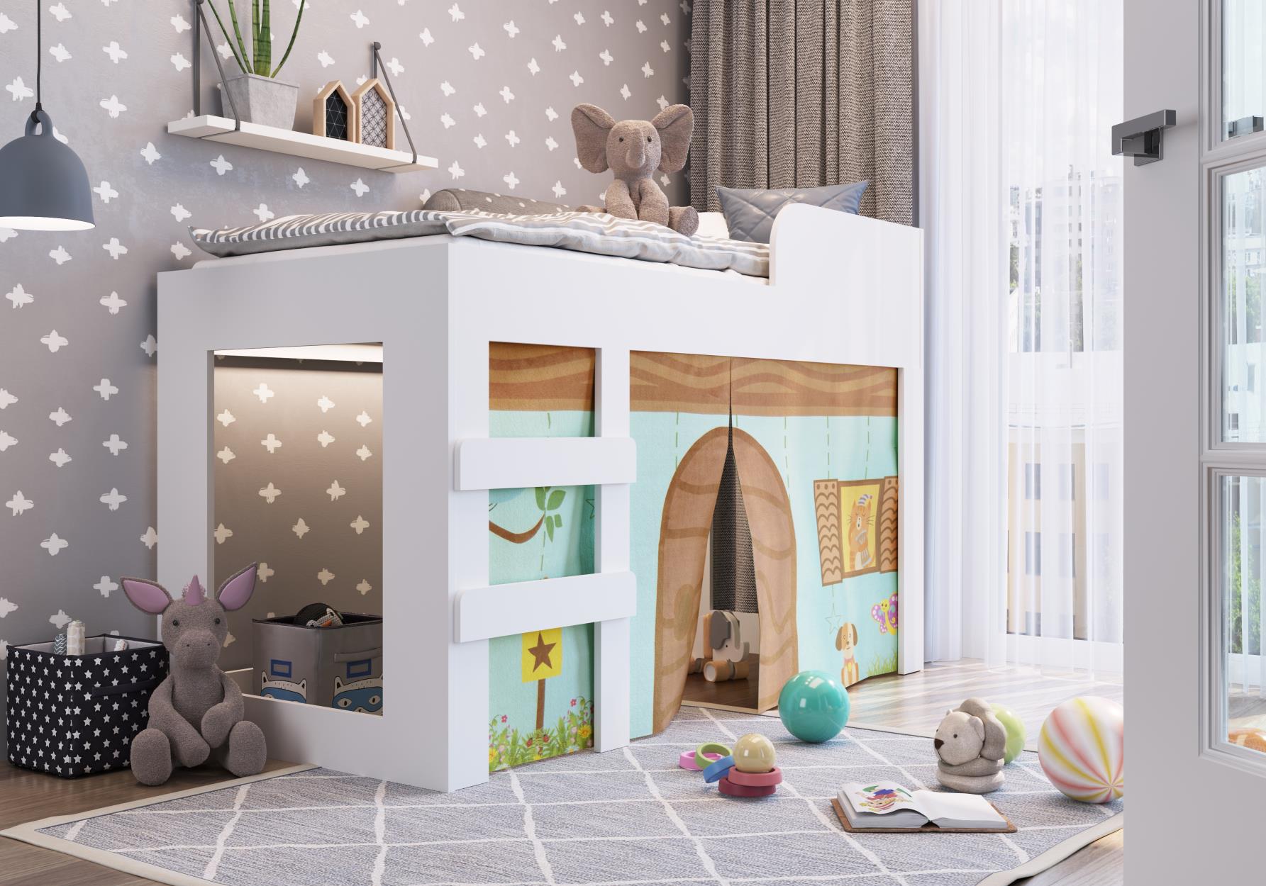 Cama Infantil 70 com Protetores e Cortina Recreação Branco Art in Moveis