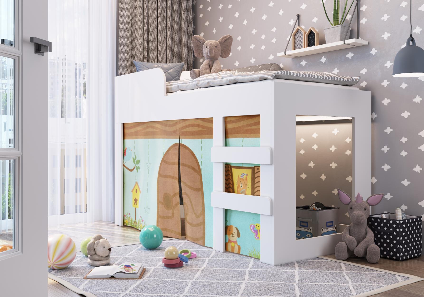 Cama Infantil 70 com Protetores e Cortina Recreação Branco Art in Moveis