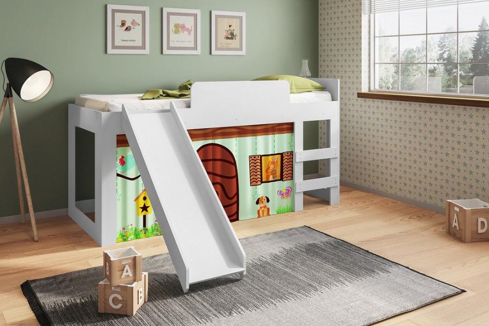 Cama Infantil com Cortina e Escorregador 90 playground Branco