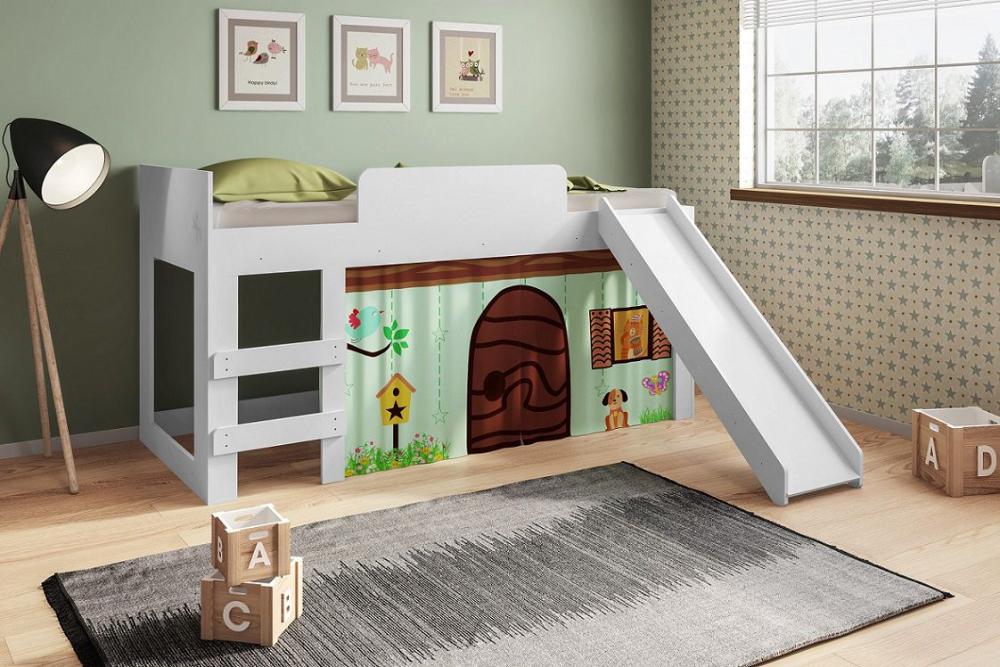 Cama Infantil com Cortina e Escorregador 90 playground Branco