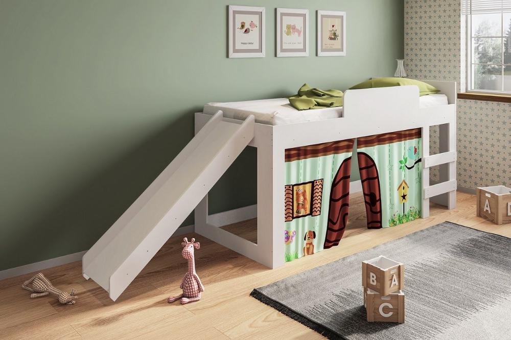 Cama Infantil com Cortina e Escorregador 90 playground Branco