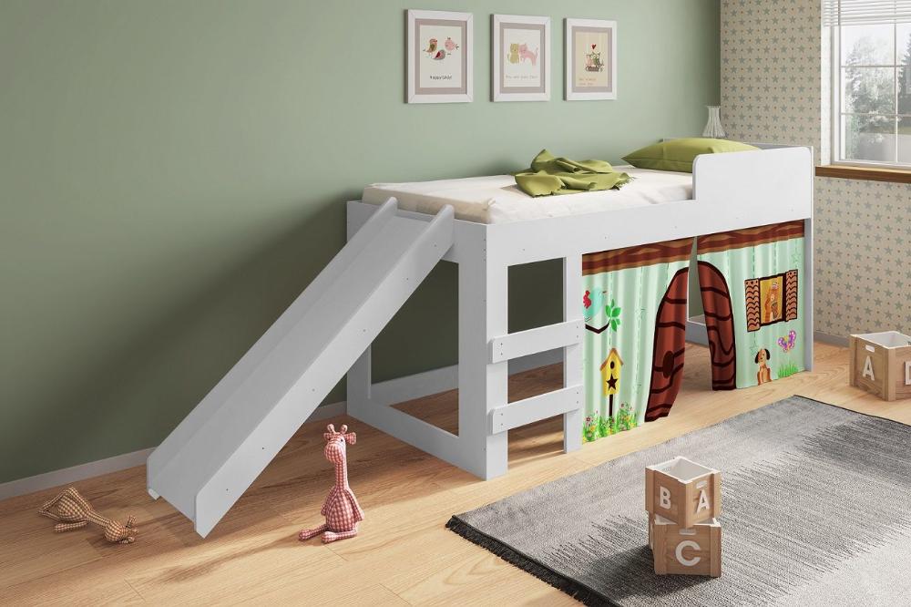 Cama Infantil com Cortina e Escorregador 90 playground Branco