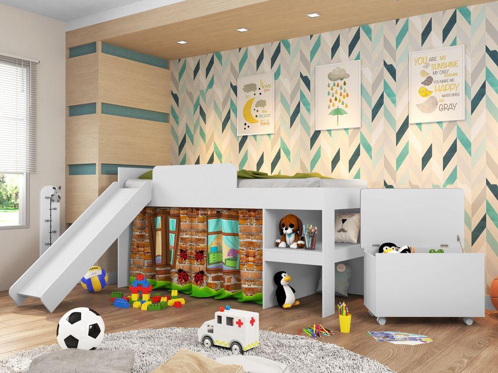 Conjunto com Cama 80 Playground com escorregador e Baú Meu Fofinho branco