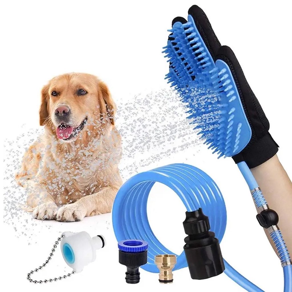 Luva para Banho Pet com Mangueira 1,90m Azul