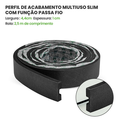 Eva Rodape Acabamento Ripado Laminado 2,5m - Urban Black-passa fio